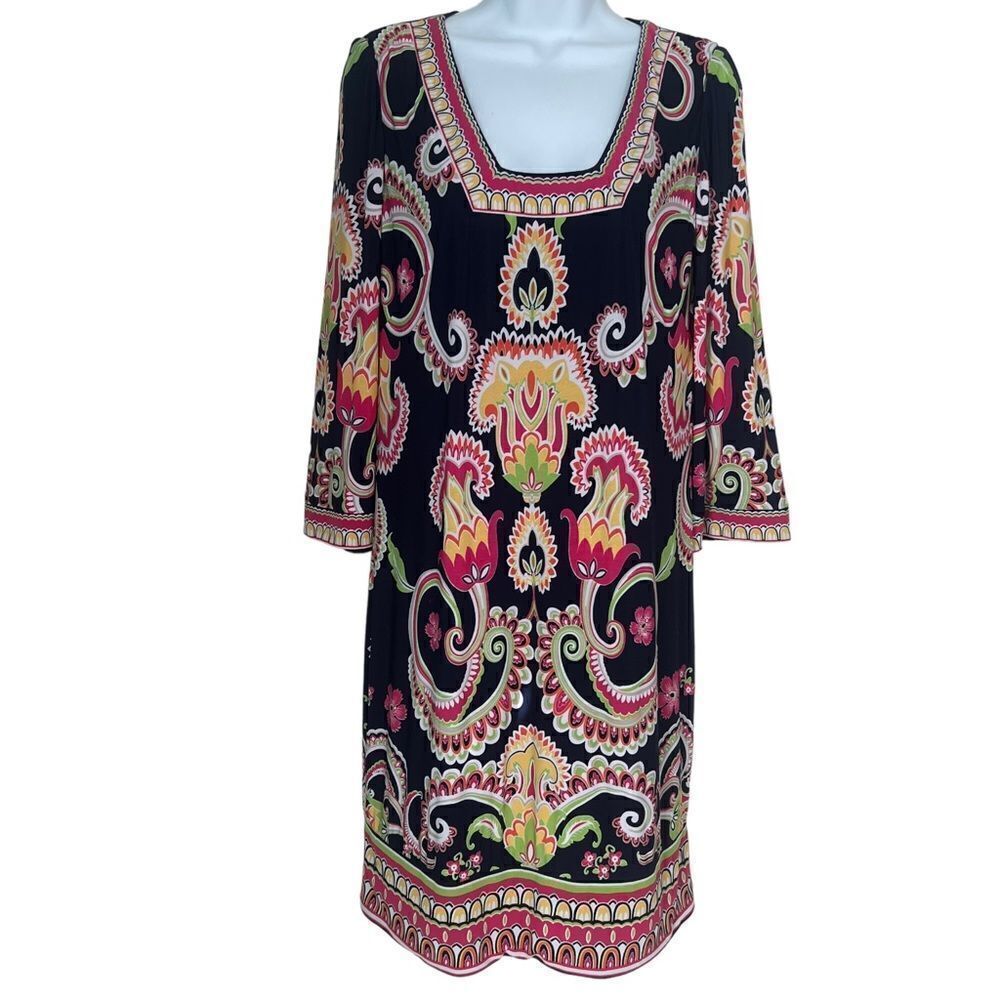 Laundry Shelli Segal Navy Blue Vibrant Multicolored Bohemian Shift  Dress sz 6